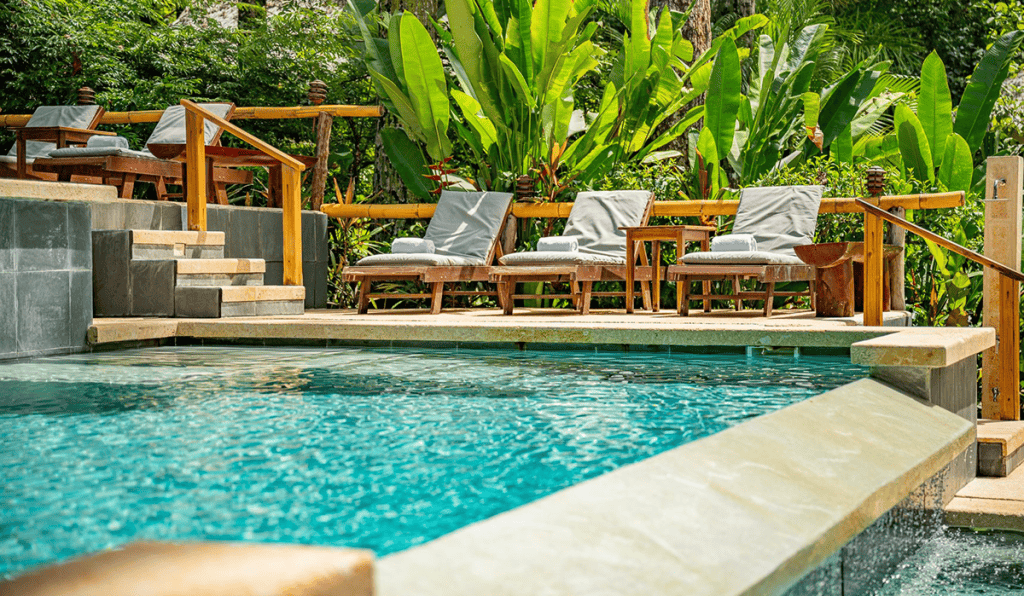 A clear blue pool with a stone edge, surrounded by wooden lounge chairs and lush green tropical plants in a sunny outdoor setting, offers an idyllic escape. Experience this oasis and seize our online exclusive deal for a serene retreat you'll never forget.
