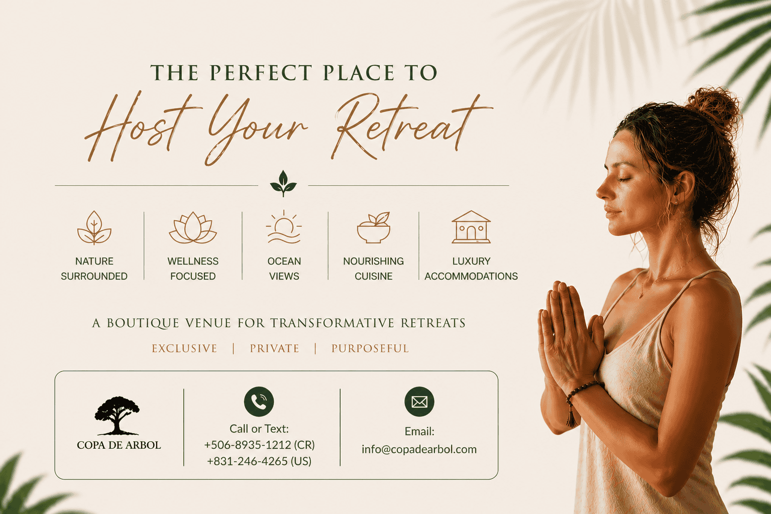 A woman in a yoga pose stands beside retreat information for Copa De Arbol, highlighting nature, wellness, ocean views, cuisine, and luxury accommodations. Contact details are shown below.