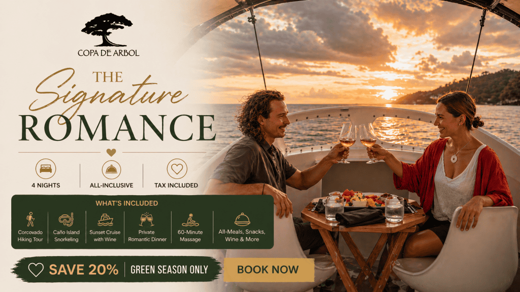 A couple dines on a boat at sunset, toasting with wine. Text promotes a 4-night all-inclusive romantic package at Copa De Arbol with various activities and a 20% discount.