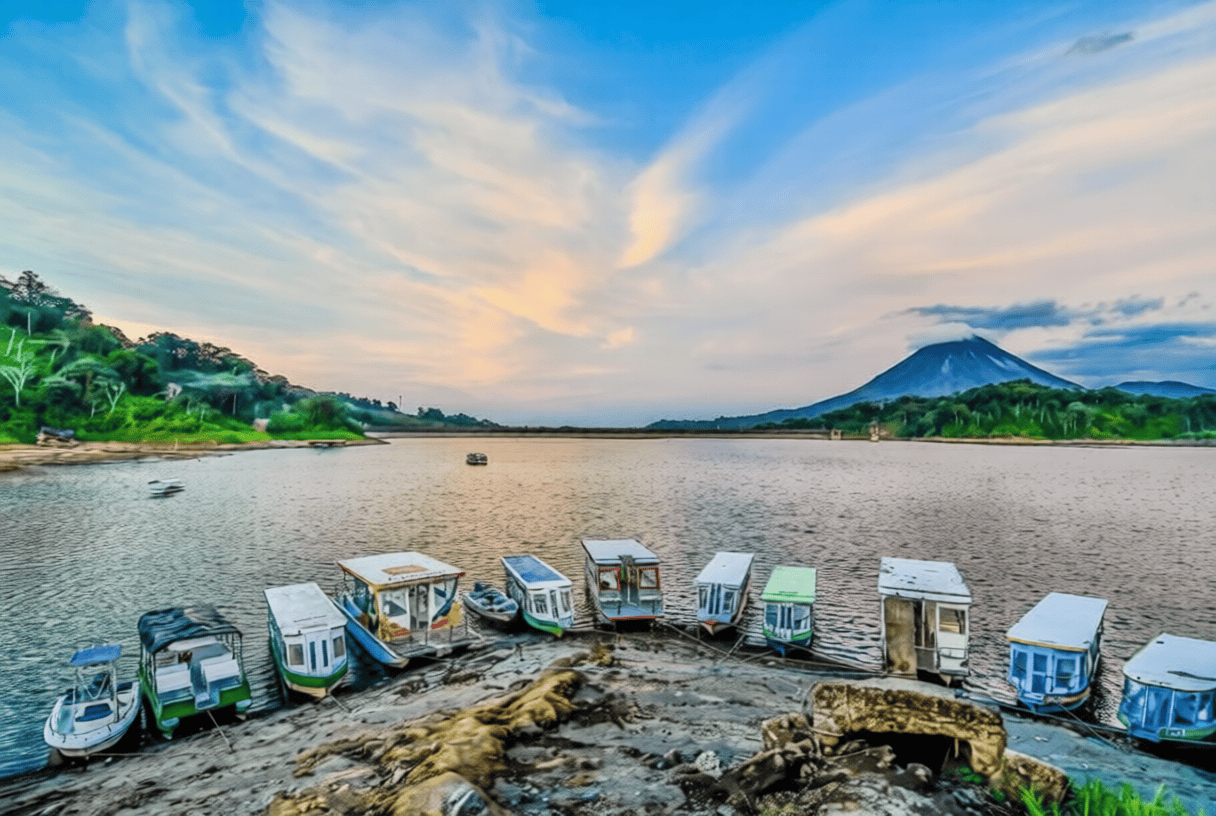 Colorful small boats are lined up on the shore of a lake at sunset, with a mountain and green trees in the background under a partly cloudy sky.