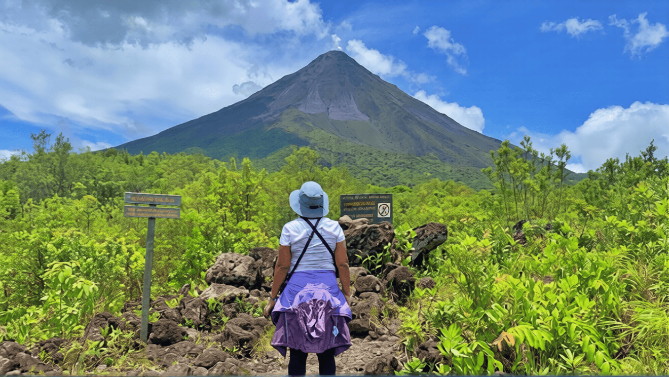 A person stands on a rocky path facing a lush green volcano under a blue sky, with informational signs on either side of the path.