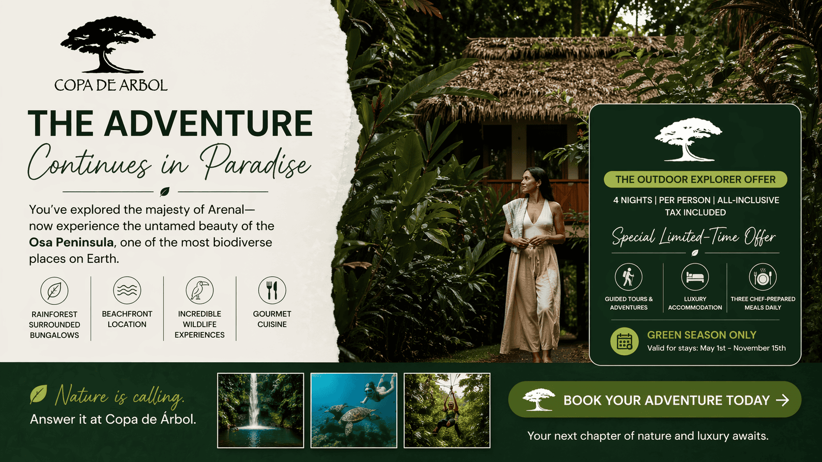 Promotional image for Copa De Arbol resort featuring a thatched bungalow, lush greenery, and details about eco-friendly luxury accommodations in Costa Rica’s Osa Peninsula.