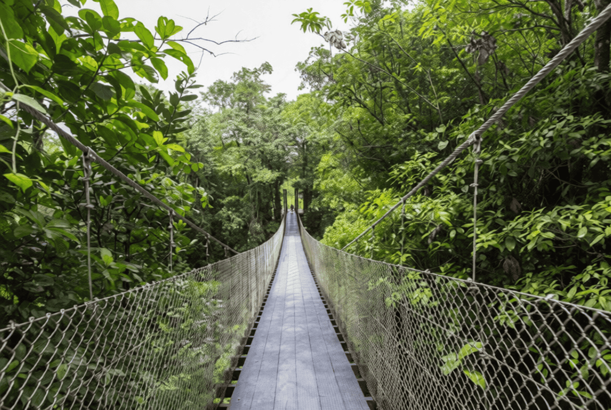 A narrow suspension bridge with metal railings stretches through dense, green forest vegetation under a cloudy sky.
