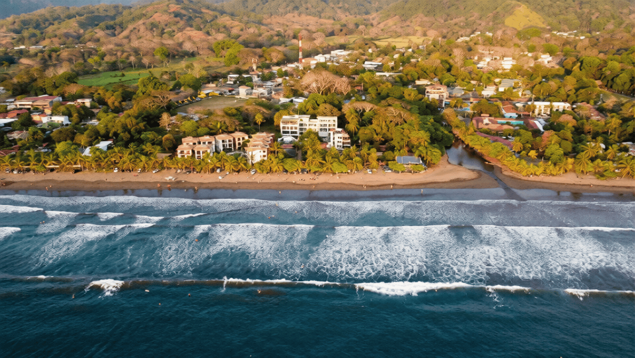 Aerial view of a coastal town with buildings surrounded by trees, a sandy beach, and waves breaking along the shoreline.